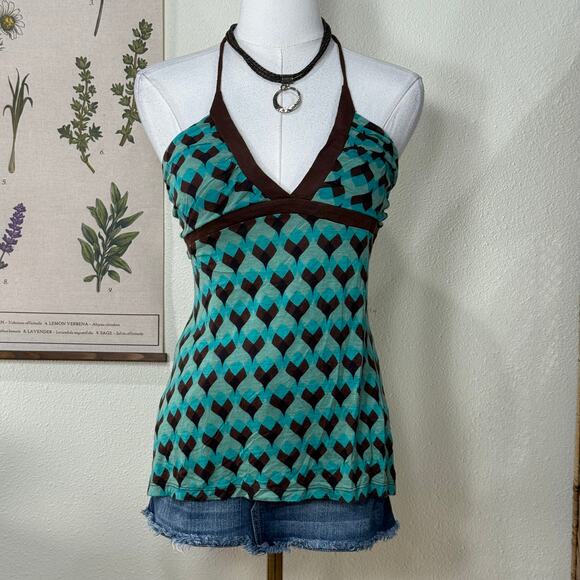 Vintage 90s Y2k Green Brown Halter Top Boho Gyaru Coastal Cowgirl Trashy Bimbo M - Picture 1 of 6